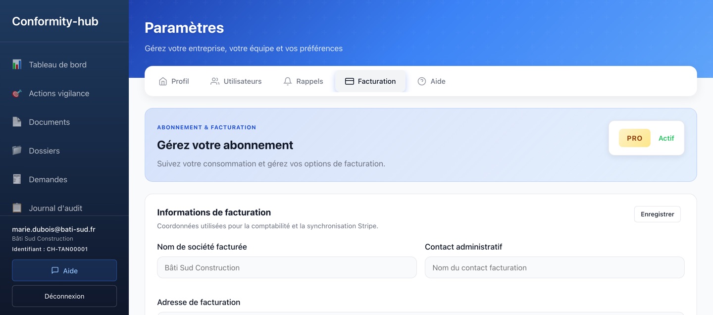 Page facturation : abonnement Pro Actif, utilisation et offres disponibles