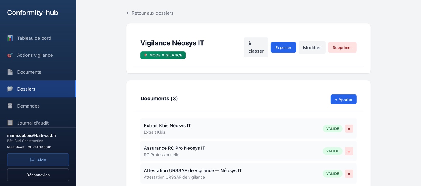 Vue détail d'un dossier : documents, pièces obligatoires, demandes